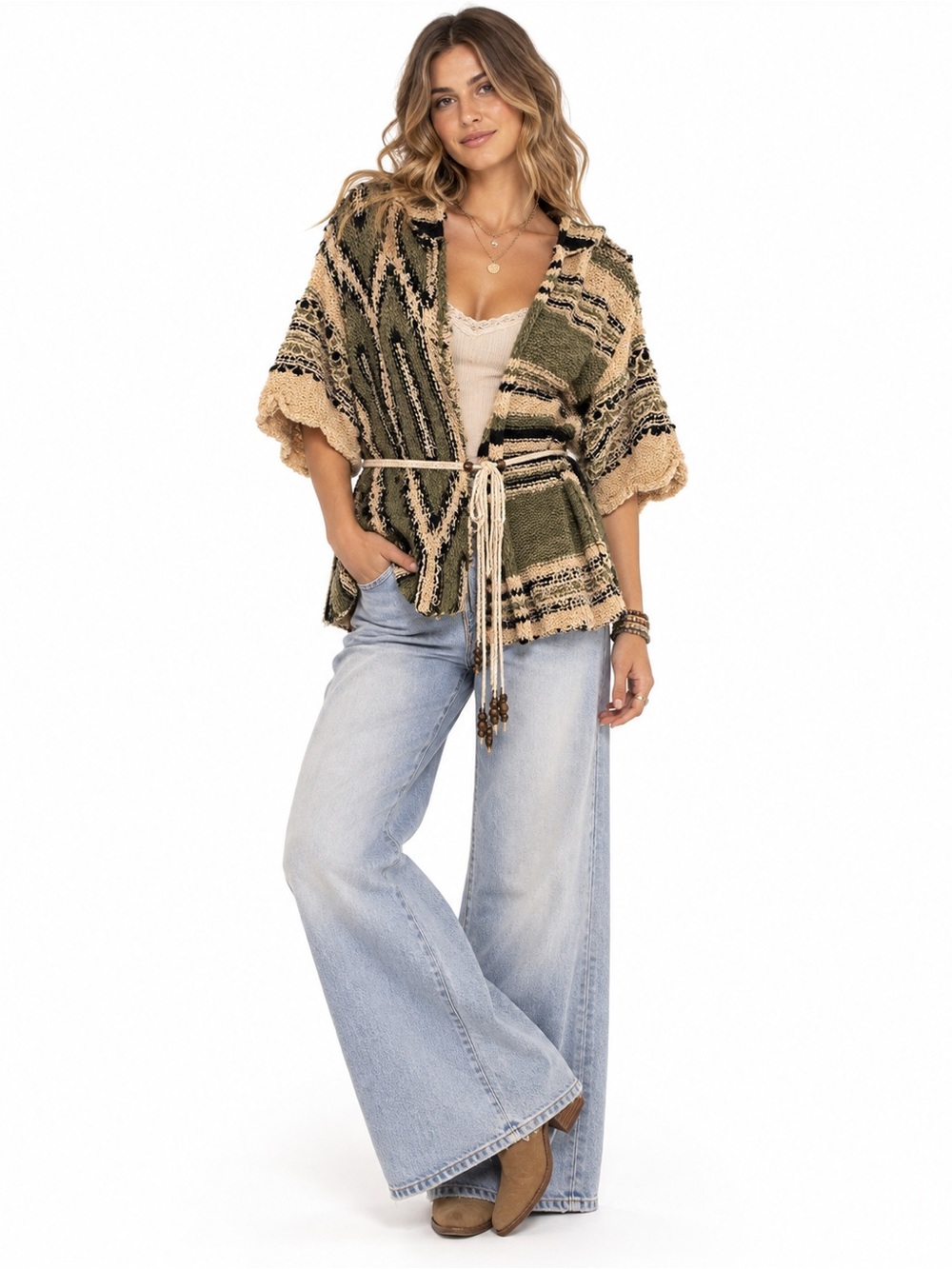 Free People Desert Palm Wrap Cardi Olive Boho Hooded Belted Sweater